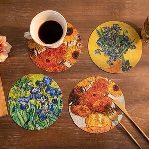 Van Gogh‎ Art Coasters Set of 4 Sunflowers Irises Faux Leather Round 7 Inch